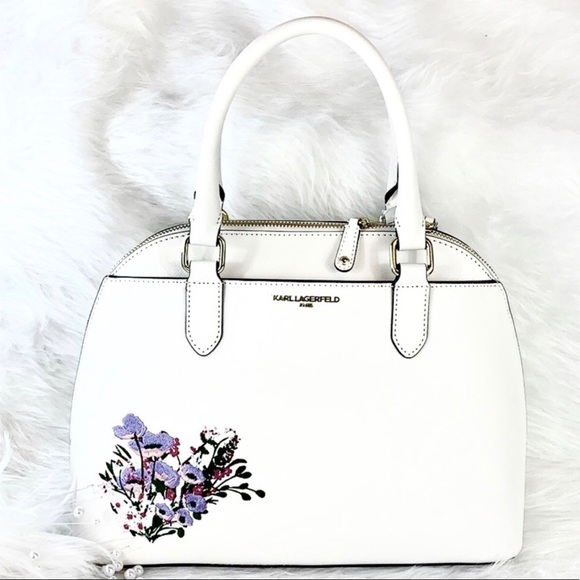🏷New KARL LAGERFELD🏷 FLORAL WHITE DOME SATCHEL - Picture 2 of 8